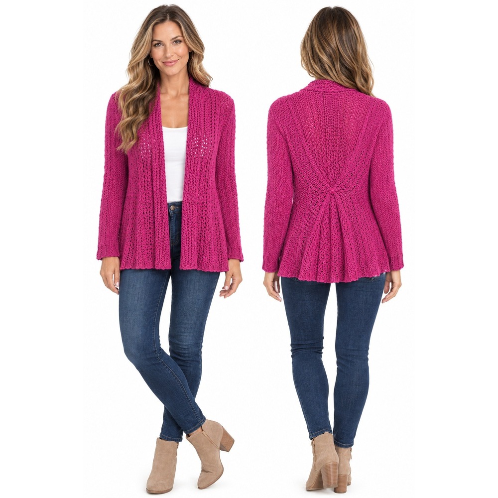 Pure Handknit Magenta Pink Chunky Open Knit Cardigan Sweater Bell Sleeve S/M